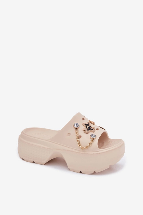 Piankowe Klapki Damskie Na Masywnej Platformie Ze Złotymi Przypinkami Beżowe Ivoriel