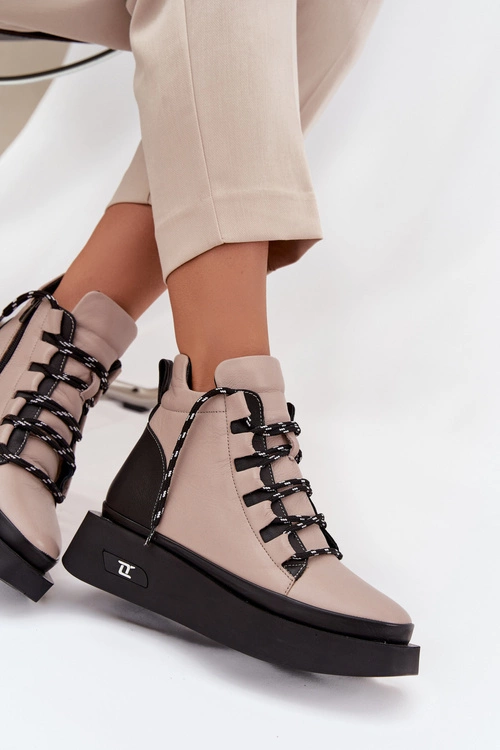 Skórzane Botki Damskie Na Platformie Ocieplane Artiker 55C0884 Beżowe