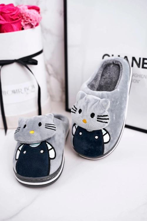 Dziecięce Ocieplane Klapki Papcie Szare Kitty
