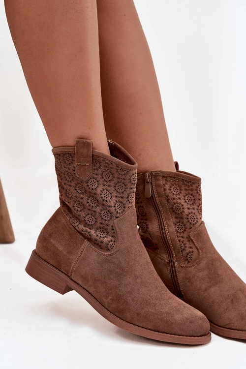 Botki Damskie Na Płaskim Obcasie Z Ażurowym Wzorem S.Barski HY52-530 Brązowe