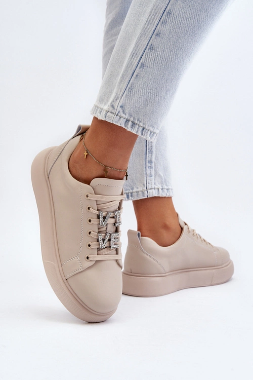 Damskie Sneakersy Skórzane Z Ozdobami Beżowe Dysuria