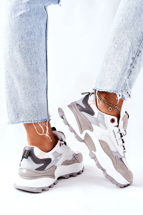 Sportowe Damskie Buty Cross Jeans Biało Szare II2R4020C