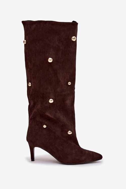 Wsuwane Kozaki Damskie Na Szpilce Ze Złotymi Ozdobami Czekoladowe Thaliane