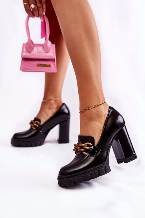 Skórzane Czółenka Na Platformie I Słupku Lewski Shoes 3197 Czarne