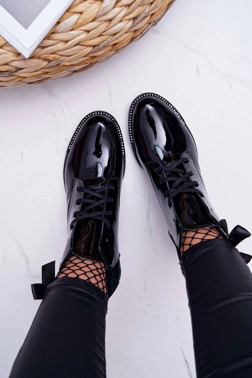 Botki Damskie Płaski Obcas Lakierowane Czarne Nicole 2420