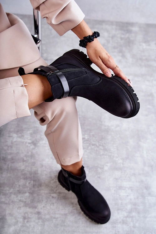 Damskie Ocieplane Botki Sztyblety Z Paskiem Czarne Jose