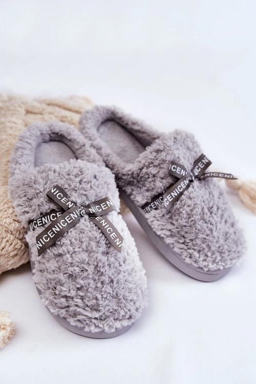 Damskie Futrzane Papcie Z Kokardką Szare Ryana