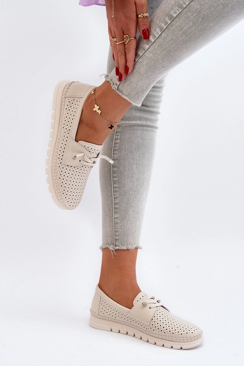 Skórzane Półbuty Damskie Ażurowe Beżowe Darnissa