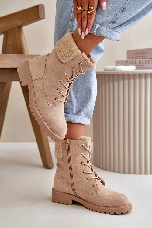 Damskie Ocieplane Botki Workery Na Zamek Beżowe Mivael