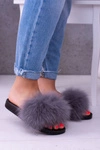 Damskie Klapki z Naturalnym Futerkiem Szare Naturis