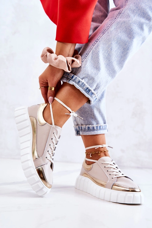 Damskie Półbuty Na Platformie Beżowo-Złote Noriso