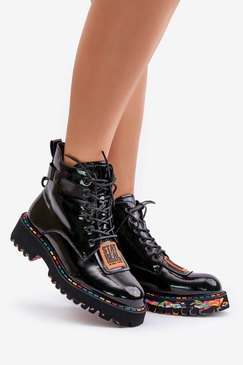 Lakierowane Botki Trapery Damskie Na Zamek Skórzane Artiker 55C0517 Czarne