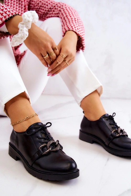 Skórzane Półbuty Wiązane Z Ozdobą Czarne Larosa