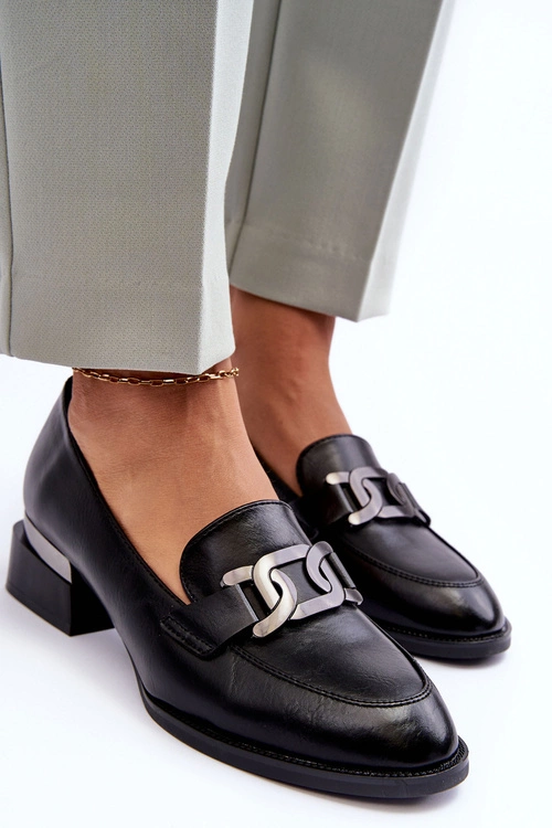 Skórzane Półbuty Mokasyny Na Obcasie Czarne Sakina