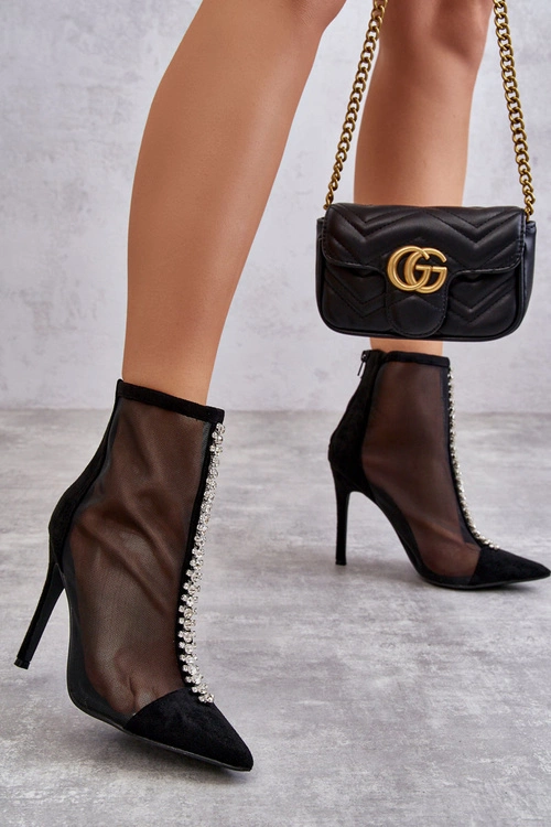 Modne Damskie Botki Na Szpilce Z Siateczką Czarne Rummi