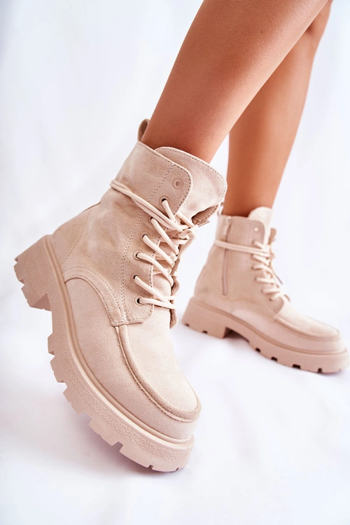 Damskie Zamszowe Botki Wiązane Beżowe Vanita