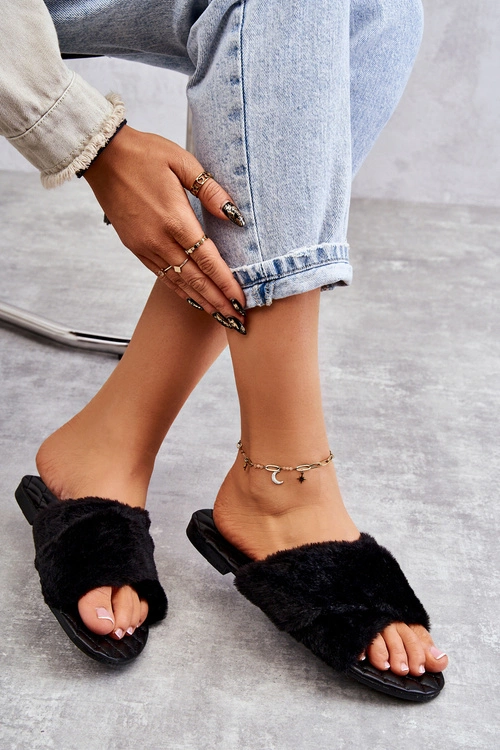 Damskie Klapki Na Płaskim Obcasie Z Futerkiem Czarne Lussie