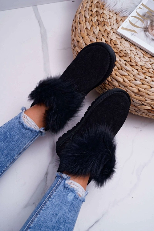 Damskie Botki Śniegowce Ocieplane Futerkiem Skóra Zamsz Czarne Memento