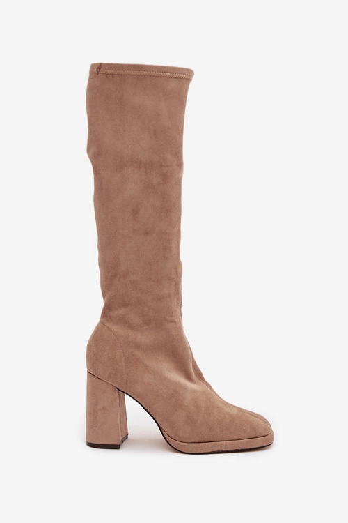 Kozaki Damskie Z Przeszyciami Na Słupkowym Obcasie Beżowe Brivana