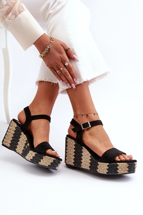 Sandały Damskie Na Koturnie Z Plecionką Czarne Reviala