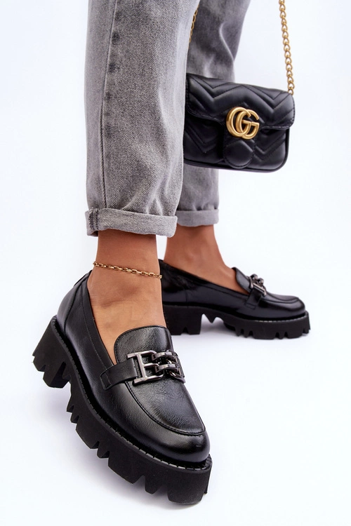 Damskie Skórzane Półbuty Loafersy Z Ozdobą Laura Messi 2699 Czarne