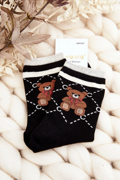 Wzorzyste Skarpety Damskie Z Misiami Czarne