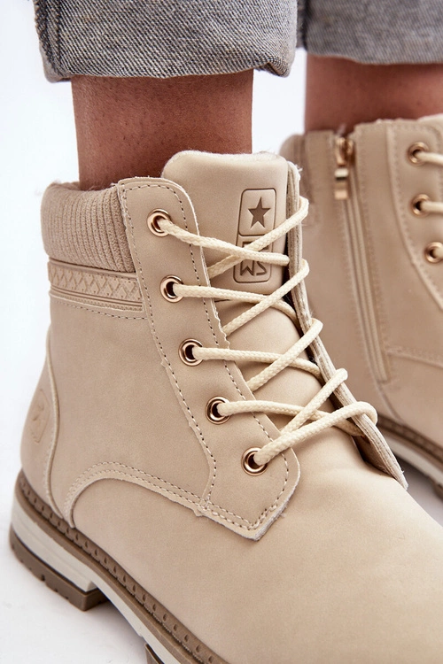 Damskie Skórzane Trapery Ocieplane Beżowe Bimena