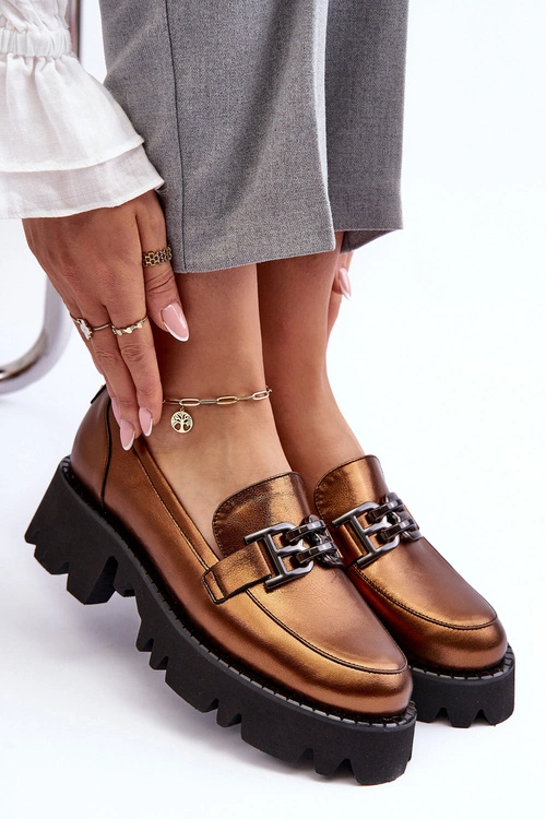 Damskie Skórzane Półbuty Loafersy Z Ozdobą Laura Messi 2699 Złote