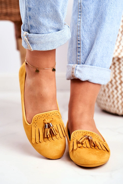 Mokasyny Damskie Żółte Lordsy Frędzle Therese