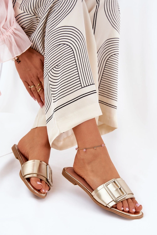 Płaskie Klapki Damskie Eko Skórzane Z Klamrą Złote Bamma