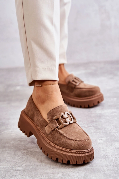 Damskie Półbuty Zamszowe Z Ozdobą Ciemnobeżowe Leeza