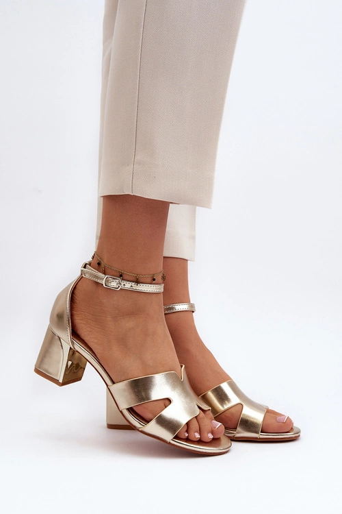 Sandały Damskie Na Obcasie Klocku Złote Irivana