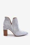 Modne Zamszowe Ażurowe Botki Na Obcasie Szare Genevi