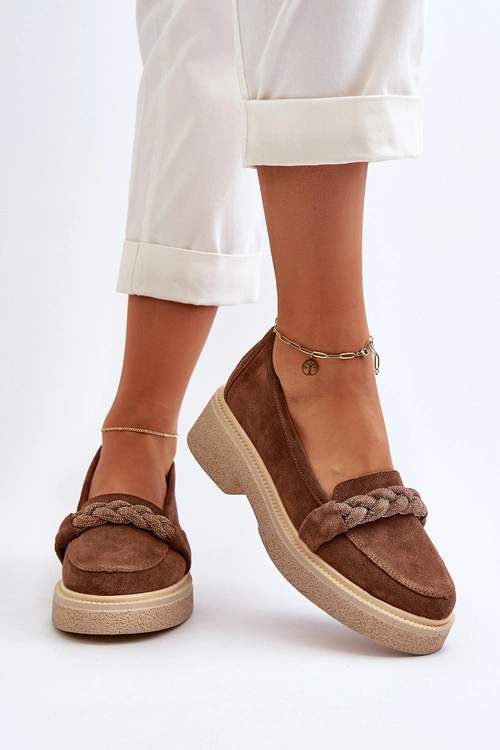 Zazoo 3429/W Damskie Zamszowe Mokasyny Z Ozdobą Brązowe