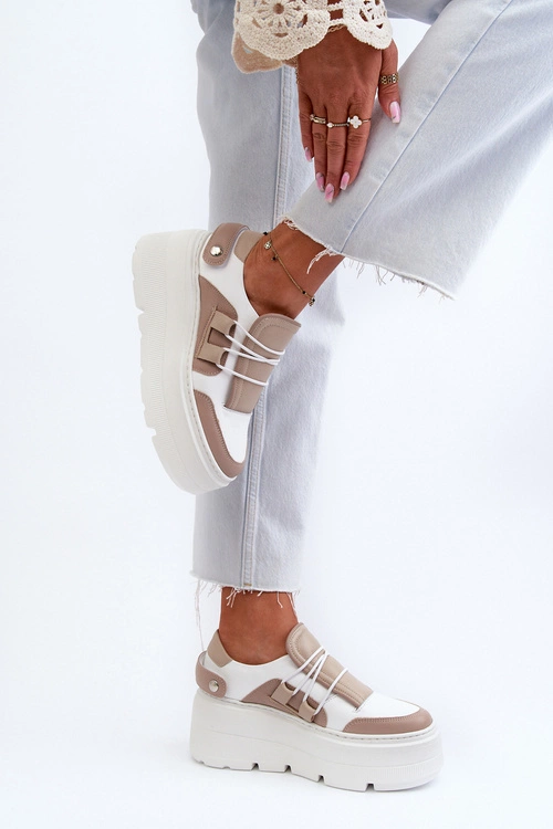 Zazoo 1833 Sneakersy Damskie Skórzane Na Masywnej Podeszwie Beżowo-Białe