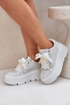 Skórzane Sneakersy Na Platformie CheBello 4658 Srebrne