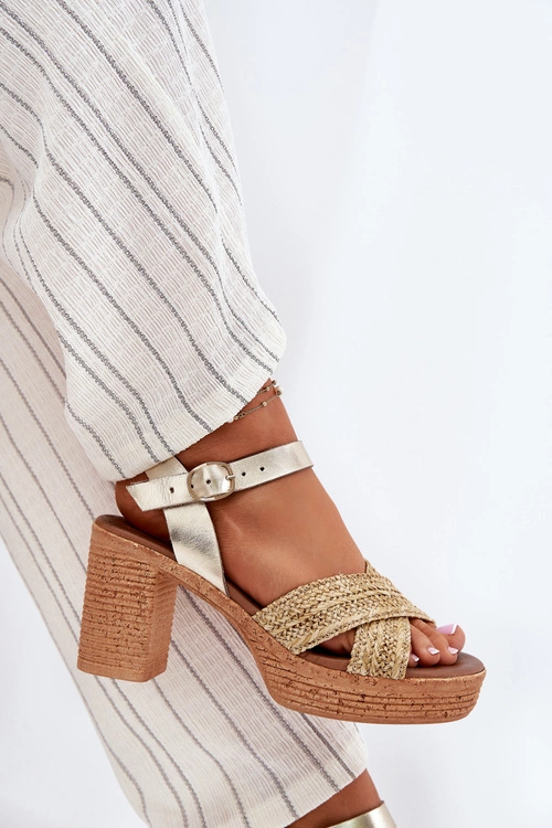 Skórzane Sandały Na Słupku Z Plecionką Na Paskach Zazoo 40460 Złote