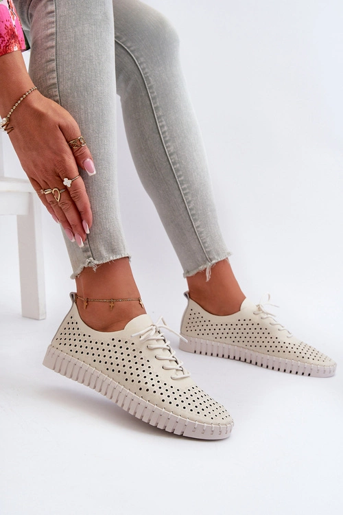 Skórzane Damskie Trampki Z Ażurowym Wzorem Beżowe Ilvima