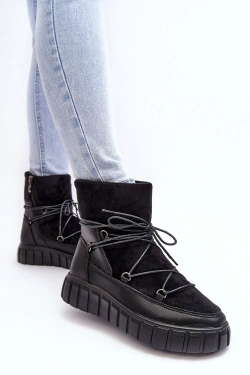 Skórzane Śniegowce Botki Na Platformie Czarne Maxava