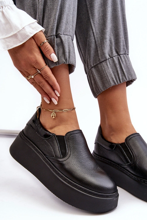 Skórzane Buty Sportowe Damskie na Platformie Czarne Lemar Manish