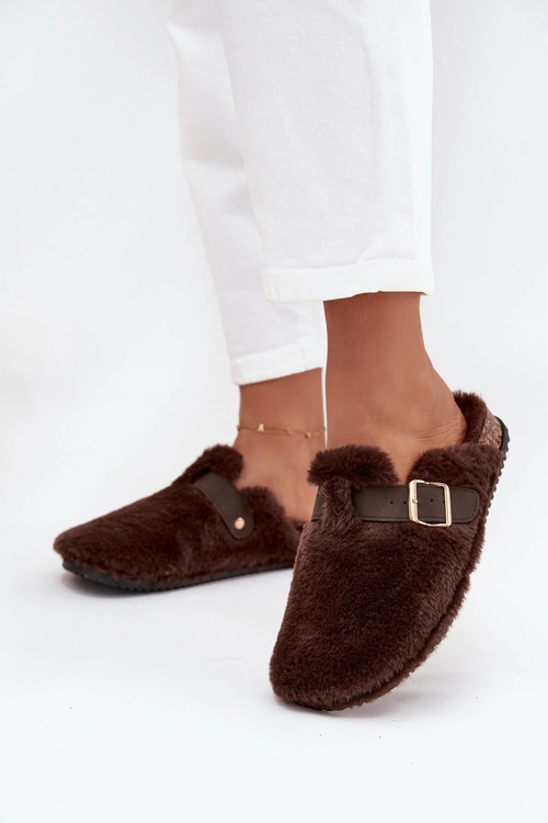 Futrzane Klapki Damskie Na Platformie Z Paskiem I Klamrą Brązowe Noraline