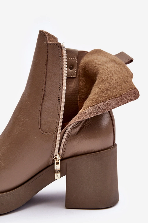 Skórzane Damskie Botki Na Obcasie Lemar Brązowe Kodra