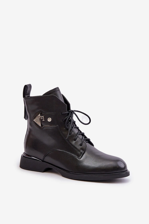 Skórzane Botki Na Płaskim Obcasie Z Ozdobą Ocieplane Maciejka N3115-01 Czarne