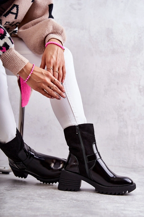 Damskie Botki Ocieplane Na Masywnym Obcasie Czarne Marinela