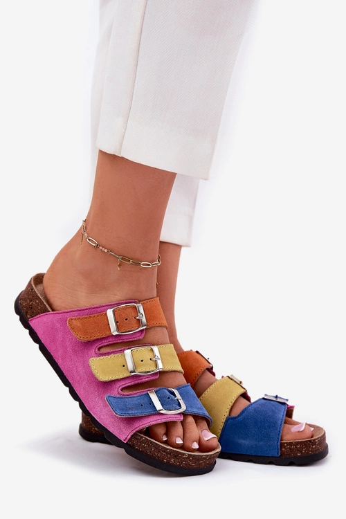 Zamszowe Klapki Damskie Z Klamrami Panto Fino RR267033 Fuksja