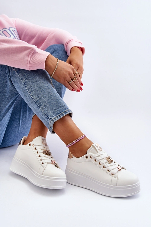 Sneakersy Damskie Na Platformie Z Ozdobami Białe Herbisa