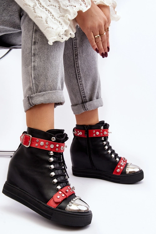 Ocieplane Botki Na Koturnie Z Dżetami Ekoskóra Lu Boo Czarne