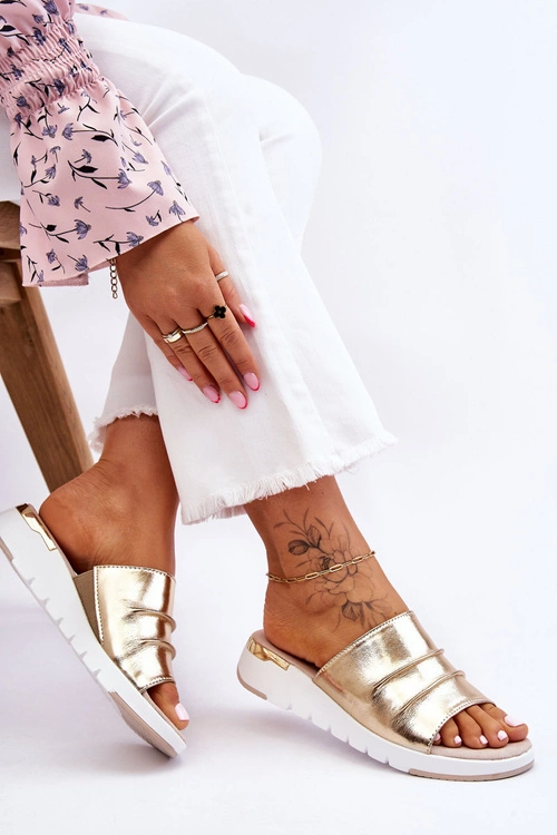 Damskie Klapki Skórzane Na Niewysokim Koturnie Złote Leona