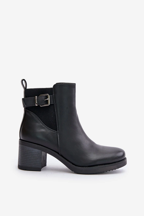 Ocieplane Botki Na Obcasie Eko Skórzane Z Klamrą Czarne Eriliana