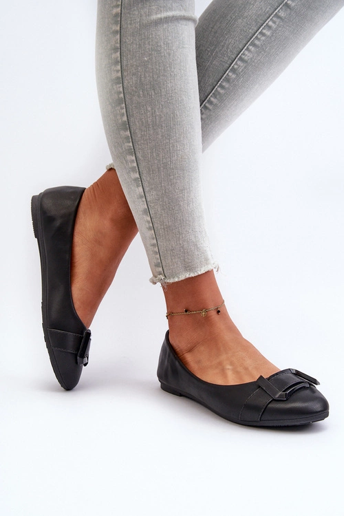 Baleriny Z Paskiem I Ozdobą Eko Skórzane Czarne Cadwenla